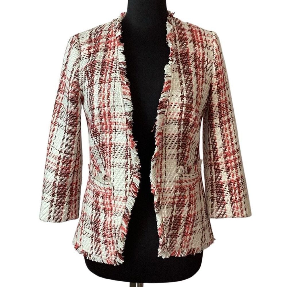 Halogen Tweed Fringed Lined Blazer Women’s Small Coastal Chic Black White Salmon - Picture 3 of 8